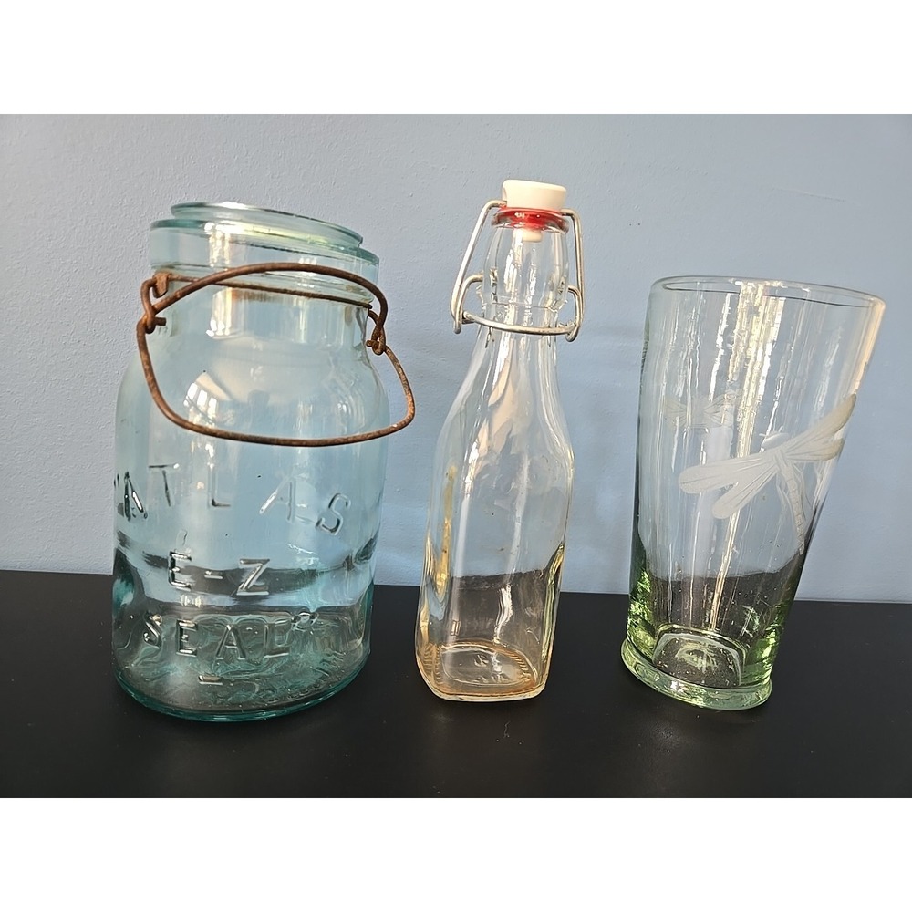 VTG HALF GALLON ATLAS E-Z JAR BLUE GLASS; Bormioli Rocco Swing Bottle; Dragonfly